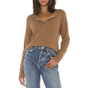 Hanes Re/Done Top Thermal Henley Long Sleeve Waffle Women Large Tan Camel Brown